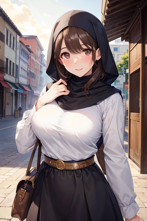 1 Girl, ???????????, heart shape pupils, using headscarf, islamic V1, standing, in city,closed white clothes, blush, perfect hand, perfect fingers, perfect eyes, ultra resolution, full image