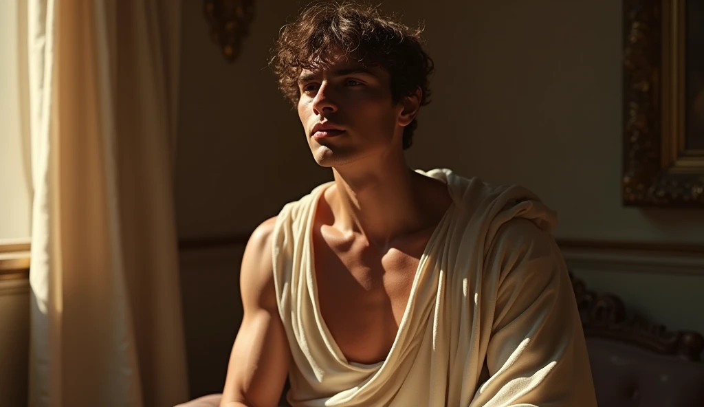 En los grandes salones del palacio, un joven rey europeo se mantiene erguido, su corona de oro posada sobre su cabeza. Beautiful facial features, aesthetic, sensualidad, hombre cautivador, torso desnudo, elegancia, majestad, retrato, realista, Super detailed, medieval prince clothes, torso desnudo