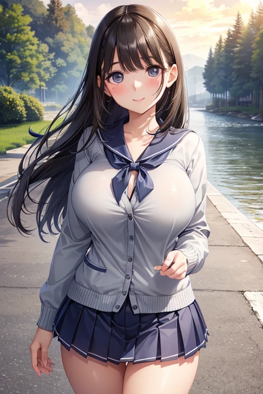 Anime illustration、High resolution、smile、A busty, chubby, lewd high school girl wears a hoodie over her shirt and appeals to her sexuality at the water fountain in the park、Bow ribbon tie、mini skirt、Clothes are wet and see-through、Perfect proportions、Cowboy Shot、Plump thighs、Sharp Eyes、Sweaty