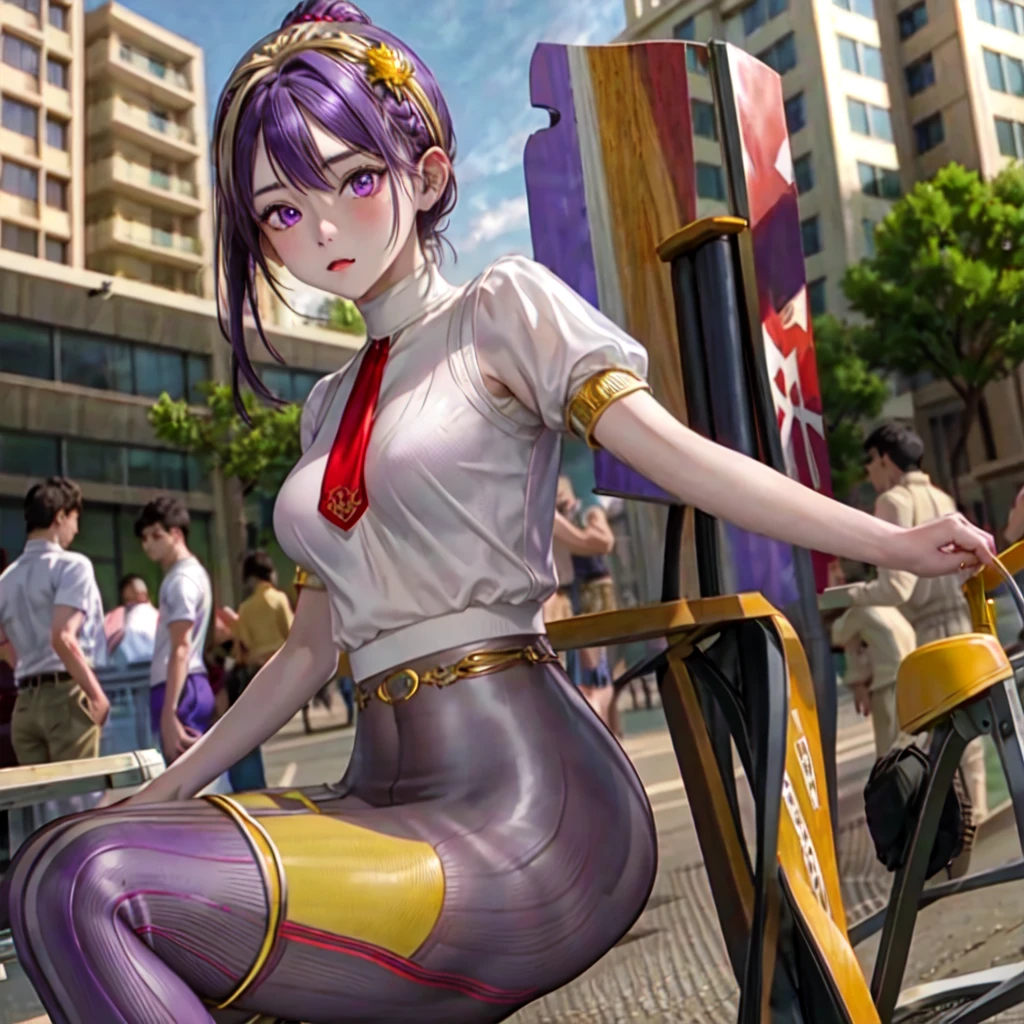 (masterpiece), (best quality), (ultra-detailed), intricate detail, athena97, 1girl, solo, purple eyes, purple hair, long hair, white earrings, red hairband, star hair ornament, medium breats, red vest, white turtleneck, white puffy sleeves, short sleeves, White pleated skirt, (Beige pantyhose:1.2), pantyhose, white gloves, White sneakers, detest, sunny, nsfw, cowboy shot, blurry background, street background, the whole body
