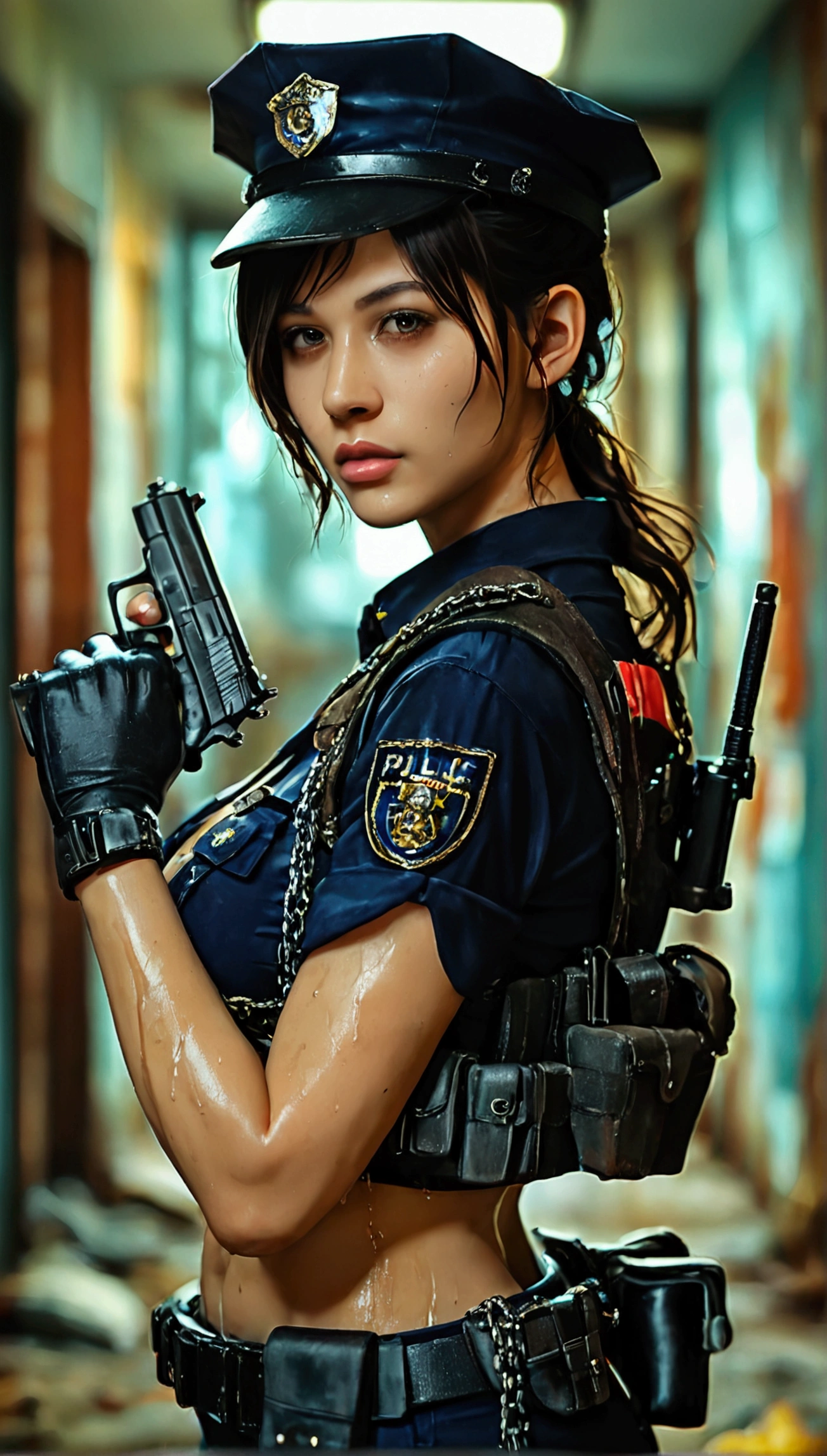 score_9,score_8_up,score_7_up,((tmasterpiece, best qualtiy)), illustratio, Highly detailed 8K, realistic focus, Complicated details, a big breast chinese girl, Policewoman, Resident Evil background, Resident Evil series, resident evil style, Dark, Low light, darkly, Robust body, Sexy and robust, Detailed abs, Detailed muscle lines, Detailed , dynamicposes, Dirty body, Greasy body, sweating body, Wet floors, There are stains on the body, Stained walls, hand gun,holding gun:2.0, Chains, rusted, t-back, wear police uniform and police cap, Highly detailed police equipment, Normal body proportions, Normal face, Normal hands, frontage, fully body photo, tall image, Look from the bottom up, look from down, looki at viewer