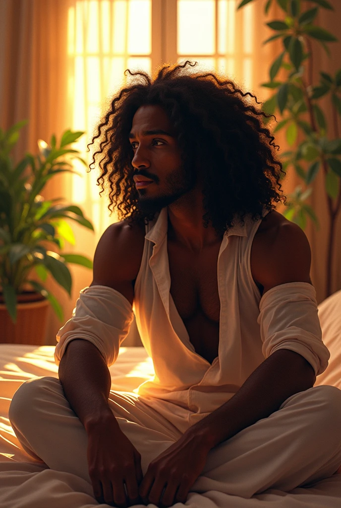 (photorealism:1.2), handsome Indian man, sitting on bed, wearing loose off-shoulder top, pajama pants, long curly hair, indoors, soft lighting, plants in background, window with sunlight, cozy room, relaxed pose, realistic, intricate details, warm colors, by Greg Rutkowski, by Alphonse Mucha