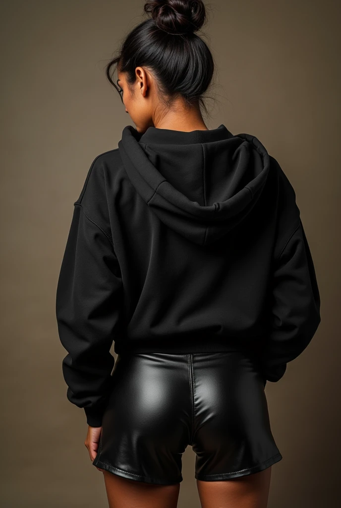 black woman hair in a bun black hoodie black leather short shorts bent over being humped in the butt by the ugly old woman in a dress sexual porn 4k