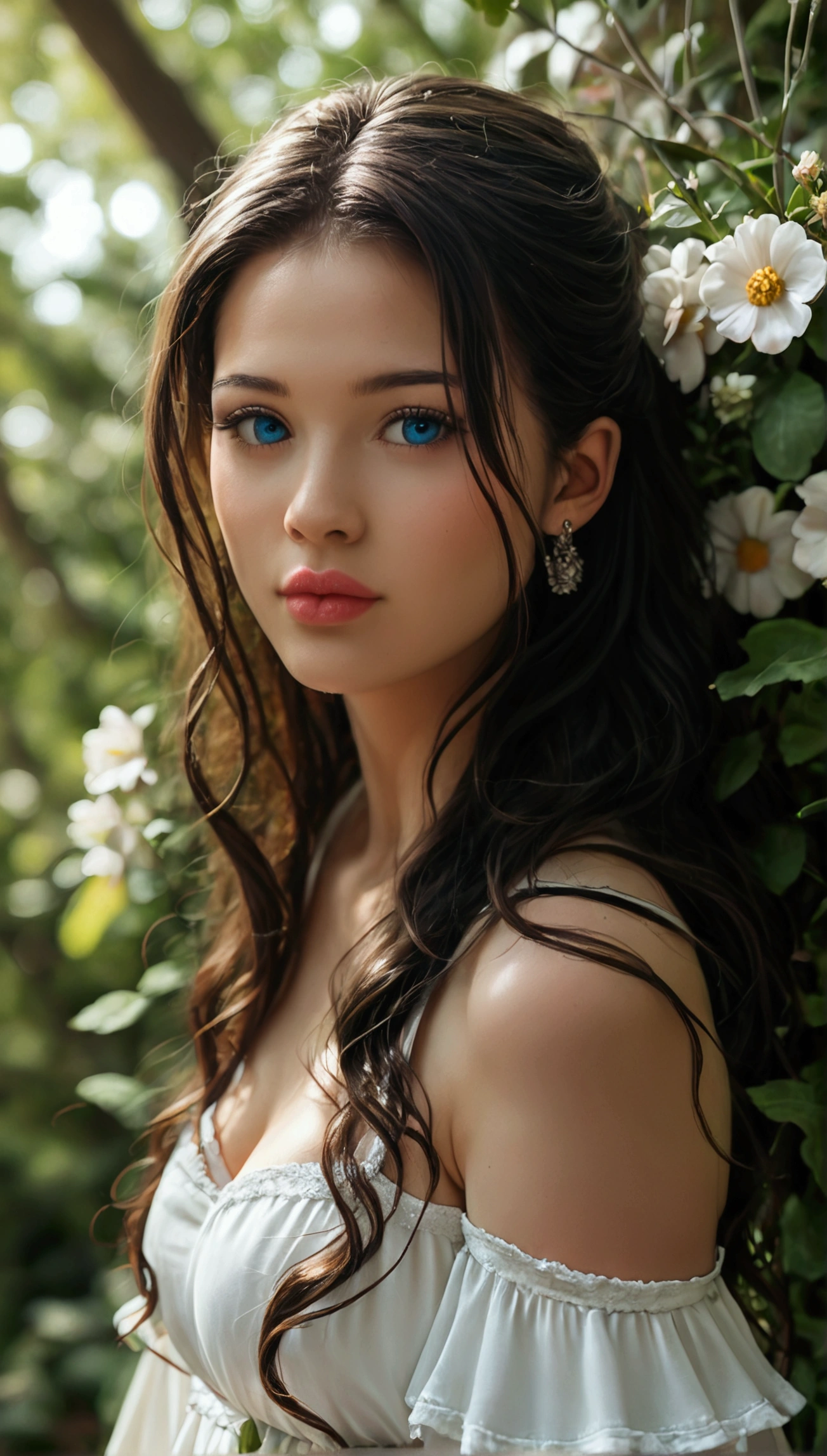 score_9,score_8_up,score_7_up, a beautiful woman with long dark hair, pale skin, detailed face, piercing blue eyes, full lips, high cheekbones, elegant expression, delicate and graceful, wearing a flowing white sundress, standing in a lush garden with blooming flowers, sunlight streaming through the leaves, radiant and serene, (best quality,8k,highres,masterpiece:1.2),ultra-detailed,realistic,photo-realistic:1.37,intricate details,cinematic lighting,vivid colors,award winning photography