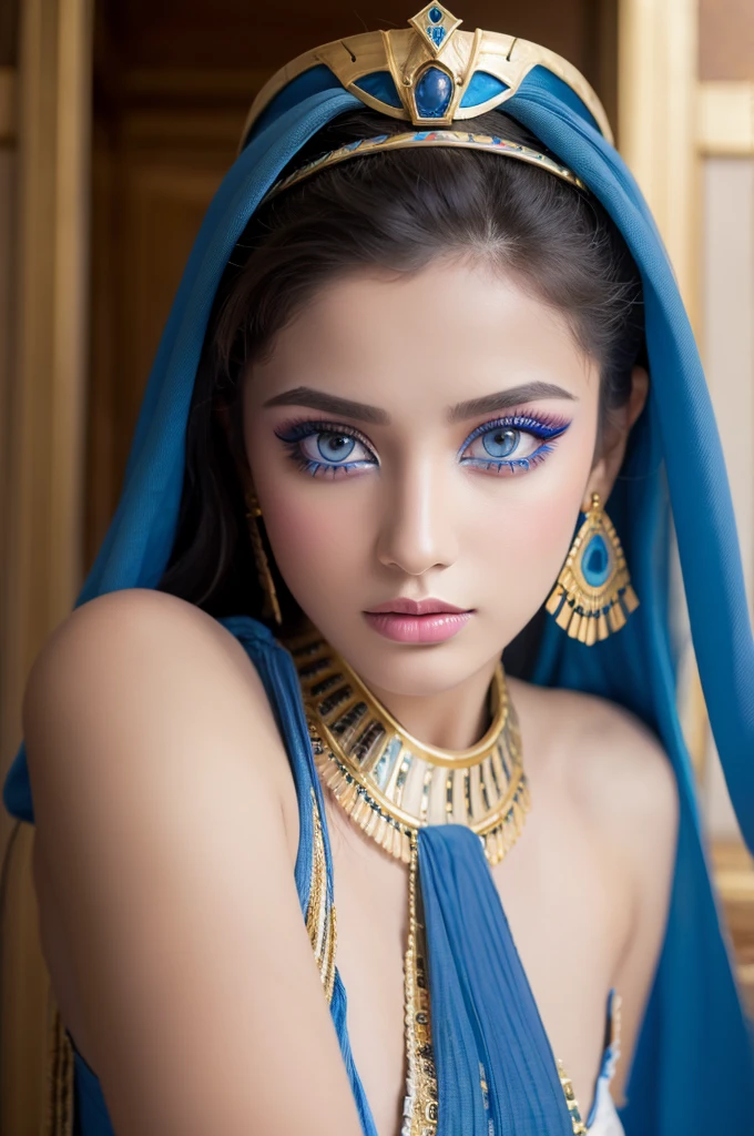 16k, best quality, extremely detailed, ultra quality, ultra highres, masterpiece, beautiful, Raw Photo, beautiful girl, Egyptian costume, Faces of the Middle East, Matte makeup, Slender, Blue eyes, footstomp