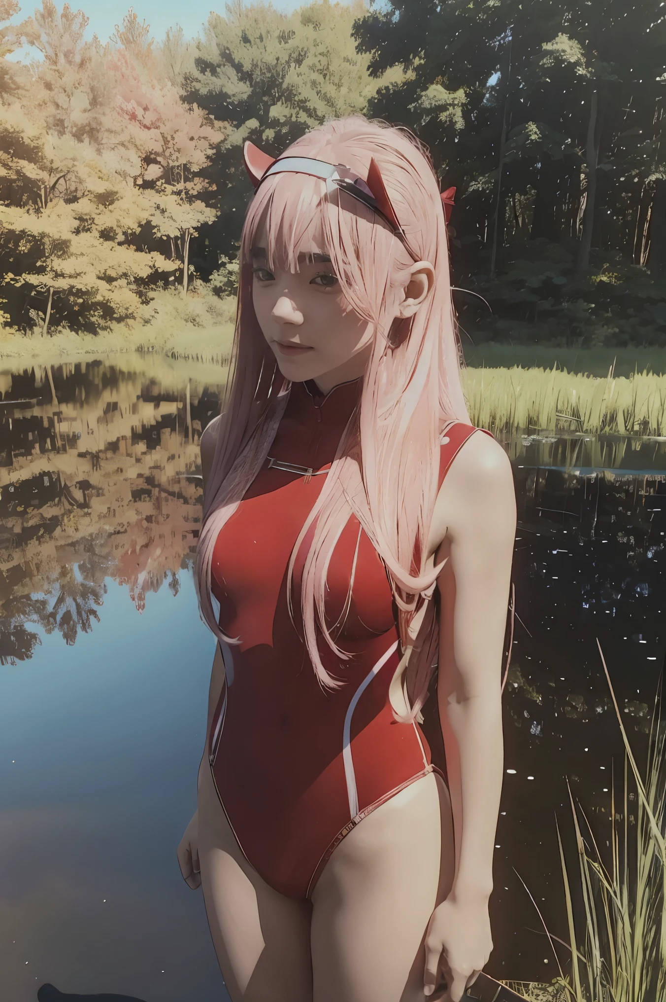 Orange long hair、hime-cut、Golden Eyes、eye glasses、ssmile、early teenage girls、flat chest、Thin pubic hair、Beautiful open legs、Light bath towel、grass field