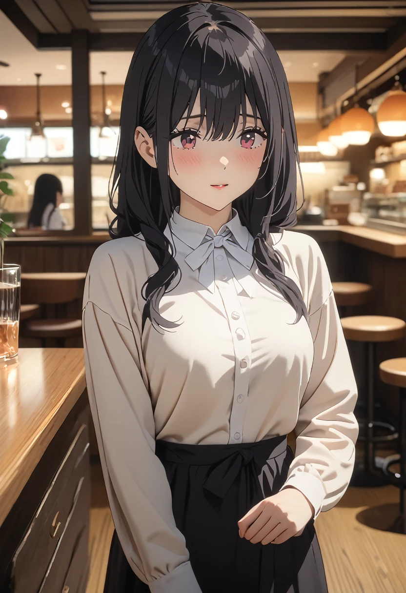 Placing hand on face、Biologically correct five fingers、Upper Body, Realistic, real person, RAW photo, photorealistic, portrait photography, shiny skin, japanese idol、（A 25-year-old woman with light chestnut-colored bangs） and (medium hair) and (pink eyes), (white ruffle plane blouse:1.2) and (long sleeve)、annoyed, The background is the interior of the restaurant.、Are standing、Alone、