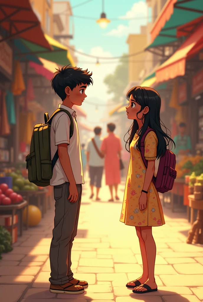 In a bustling city street, animated in vibrant colors, a boy and a girl accidentally bump into each other amidst the crowd. The scene captures the moment of their surprised yet intrigued expressions as they meet. The background is filled with a lively urban environment: tall buildings, colorful shop signs, and diverse people walking by. The street is adorned with glowing streetlights and the soft light of a setting sun casts a warm hue over the scene, creating a picturesque and slightly romantic atmosphere. Both the boy and the girl carry backpacks, suggesting they might be students or young travelers. Their clothing is casual and stylish, fitting for a youthful and energetic city vibe.

