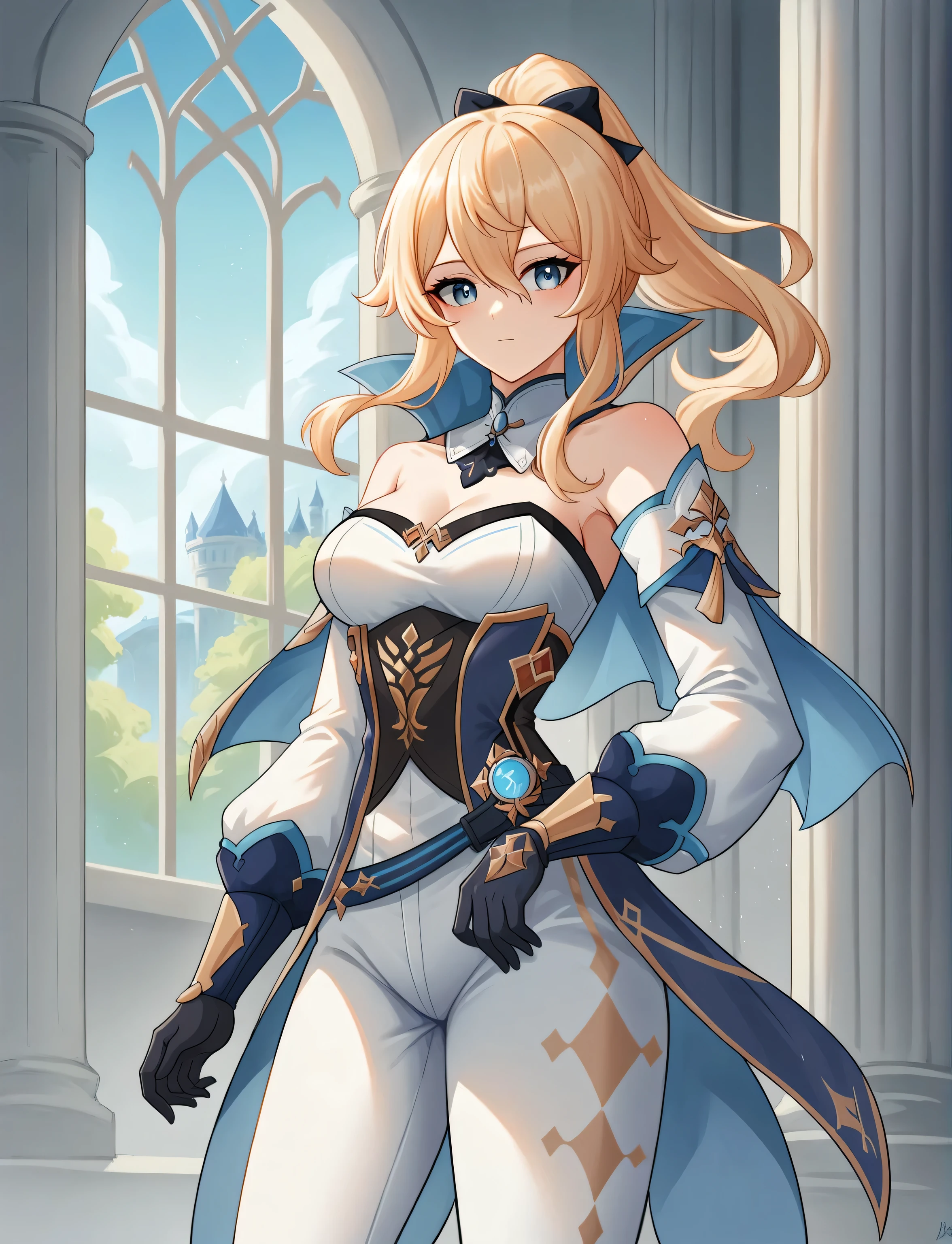 masterpiece, best quality, 1woman, 1girl, solo, 8k uhd, (((jeangunnhildr, medium breasts, ))), genshin impact, blonde hair, ponytail, bangs between eyes, blue eyes, black gloves, blue capelet, corset, detached sleeves, strapless, white pants, fantasy settings, (castles, pillars, windows), smooth, good lighting,