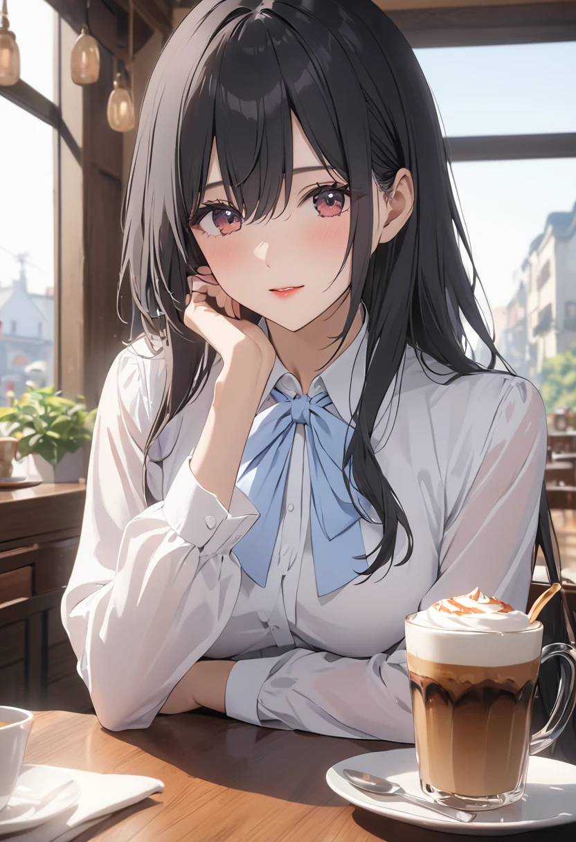 (Best Quality, 4K, 8k, High resolution, masterpiece:1.2), Very detailed, Picturesque, Animation Photos, Photo Animation:1.37)、Cafe、Beautiful Japanese Women、Black Hair、Long Hair、White shirt、Square Glass、Hanyu Mayuri 