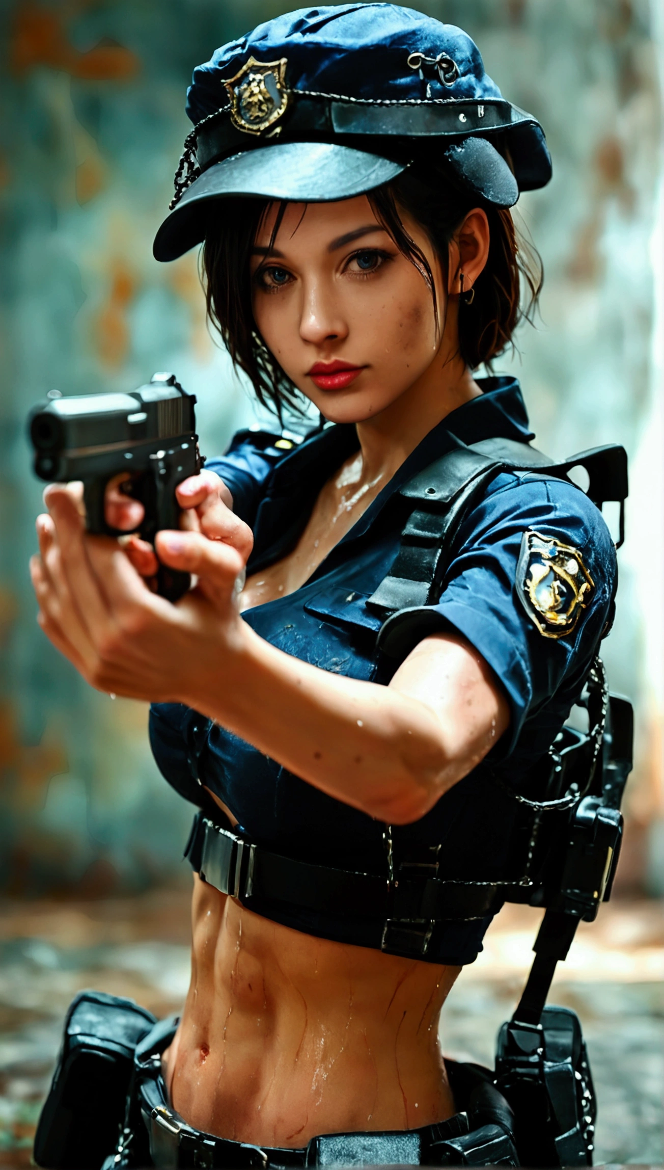 score_9,score_8_up,score_7_up,((tmasterpiece, best qualtiy)), illustratio, Highly detailed 8K, realistic focus, Complicated details, a big breast chinese girl, Policewoman, Resident Evil background, Resident Evil series, resident evil style, Dark, Low light, darkly, Robust body, Sexy and robust, Detailed abs, Detailed muscle lines, Detailed , dynamicposes, Dirty body, Greasy body, sweating body, Wet floors, There are stains on the body, Stained walls, hand gun,holding gun:2.0, Chains, rusted, t-back, wear police uniform and police cap, Highly detailed police equipment, Normal body proportions, Normal face, Normal hands, frontage, fully body photo, tall image, Look from the bottom up, look from down, looki at viewer