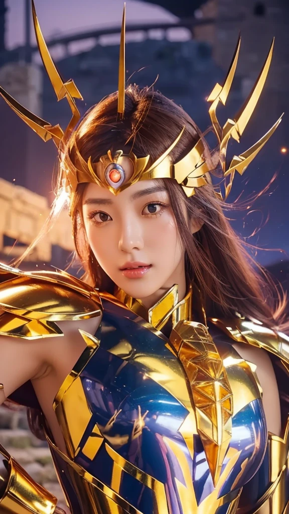 ((1woman))) Beautiful Korean girl, Ultra-realistic photoshoot with cutting-edge details by Camus, Greek ruins backdrop. Shiny golden metal armor, saint seiya armor, (((Cancer armor))), sexy armor, Long purple hair, Lively pose, Beautiful, symmetrical light brown eyes with details, Beautiful face with details, Cancel armor