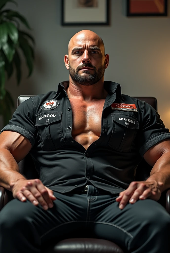 Big body builder bald white men wearing unbuttoned black double pocket denim shirt with logos sitting on bed at home