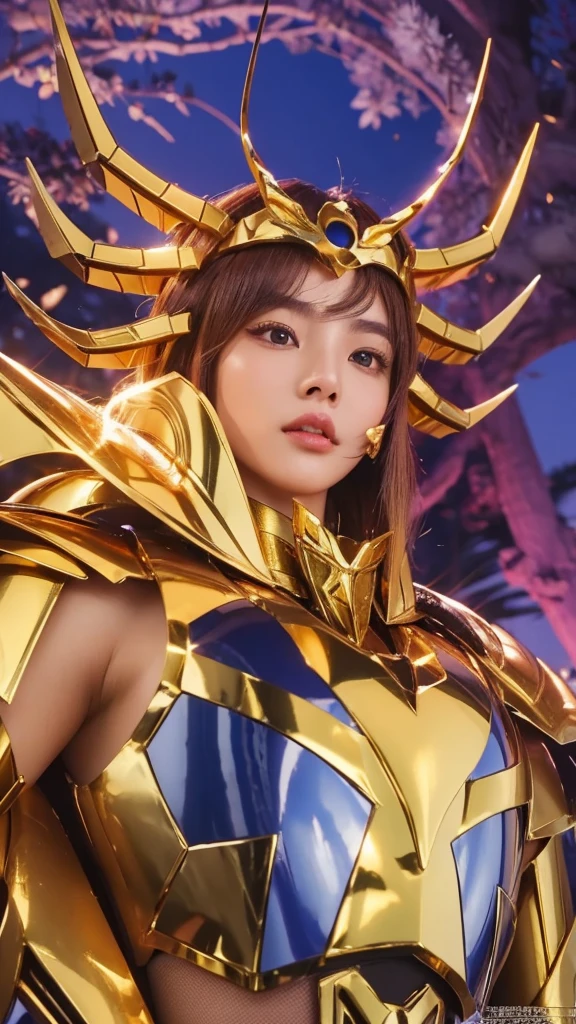 ((1woman))) Beautiful Korean girl, Ultra-realistic photoshoot with cutting-edge details by Camus, Greek ruins backdrop. Shiny golden metal armor, saint seiya armor, (((Cancer armor))), sexy armor, Long purple hair, Lively pose, Beautiful, symmetrical light brown eyes with details, Beautiful face with details, Cancel armor