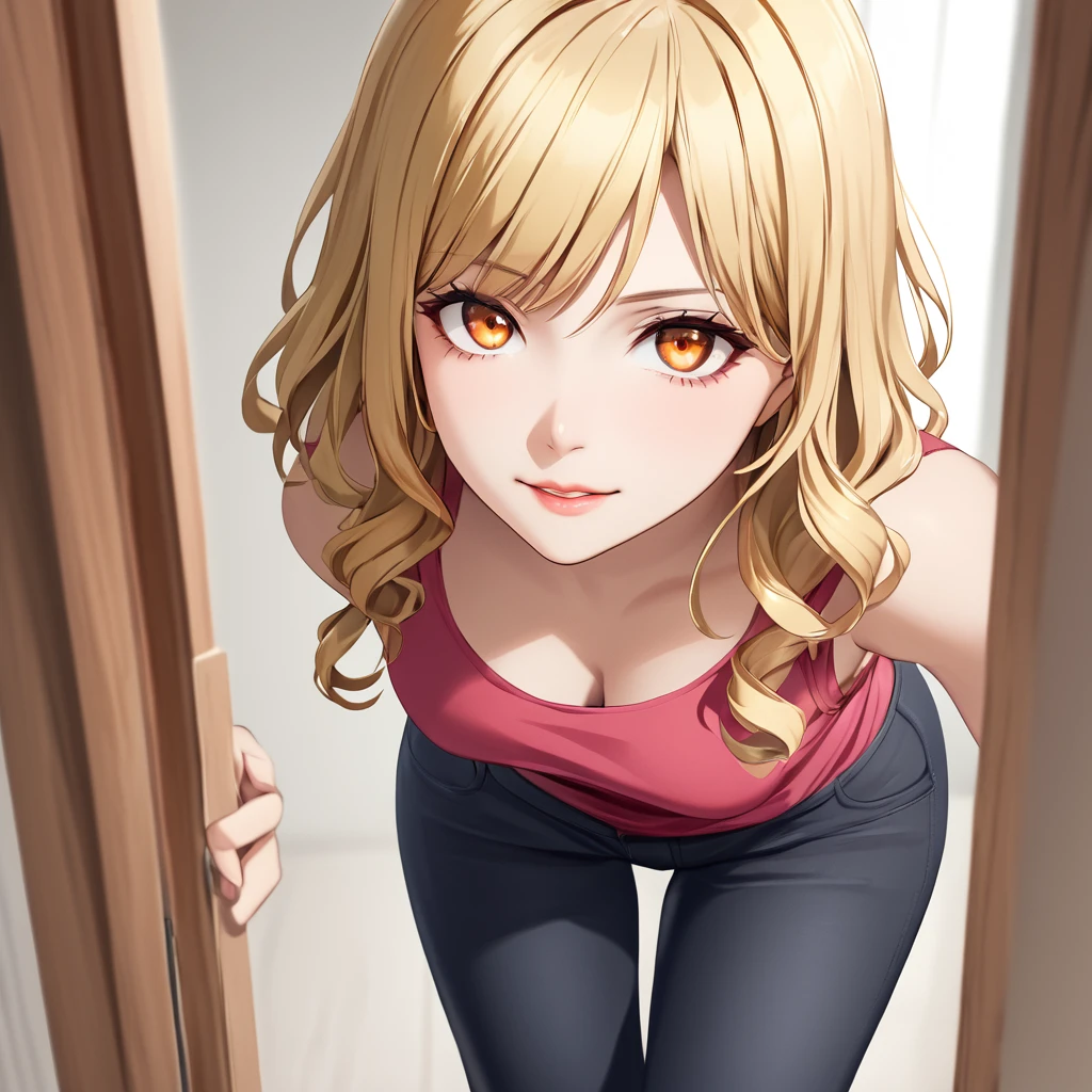 curtain bangs, wavy hair, orange eyes, blonde, pants, 1girl, 4k, hd, room, looking at the viewer, repaired eyes, correct anatomy, natural colors, anime, very closet-up, artgrem, from above, gesugao, evil smile, open mouth, wide open eyes, (glowing eyes:0.5), standing