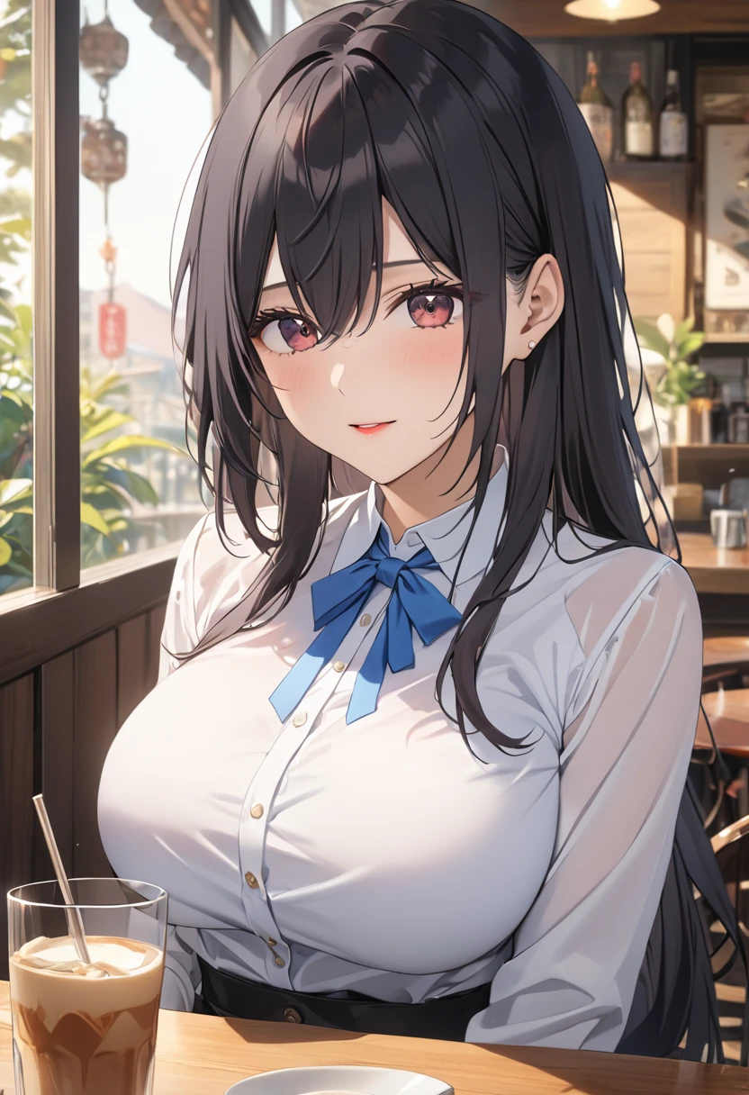 (Best Quality, 4K, 8k, High resolution, masterpiece:1.2), Very detailed, Picturesque, Animation Photos, Photo Animation:1.37)、Cafe、Beautiful Japanese Women、Black Hair、Long Hair、White shirt、Big Breasts、Square　glass、Hanyu Mayuri 