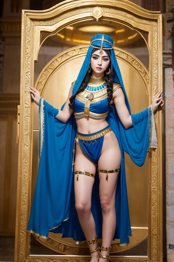 16k, best quality, extremely detailed, ultra quality, ultra highres, masterpiece, beautiful, Raw Photo, beautiful girl, Egyptian costume, Faces of the Middle East, Matte makeup, Slender, Blue eyes, Full Body Shot, full body, footstomp