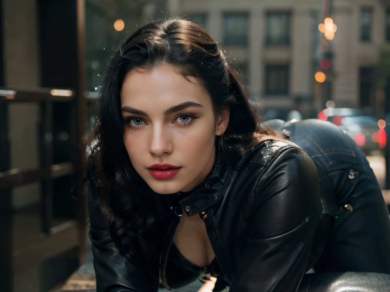 close-up on the face, blurred background. Breathtaking cinematic photo of a 30 year old Bettie pagel with Black hair and blue eyes, happy face, smile, cheerful, content, beautiful teeth (brown leather jacket, black clothes, black dress shirt, shirt, jeans) beautiful red lipstick lips, intricate details, shallow depth of field, highly detailed, high-budget Hollywood film, epic, beautiful, masterpiece, award-winning, professional, highly detailed, detailed skin texture, (blush: 0.5), (goosebumps: 0, 5). (the most beautiful woman in the world) (black hair) (ponytail curly hair, unruly hair, stylish cut) thin face, thin nose, beautiful, very beautiful, perfect face, slender body (slender), (black hair) (blue eyes) (white skin) Beautiful body, western face, predatory eyes, pink lips, thick thighs. full body, western beauty, thin nose, beautiful, perfect, ((best quality)), ((ultra resolution)), ((photorealistic: 1.4)), (intricate details), perfect face, makeup: 1.5 , clear face, facial details. Front view