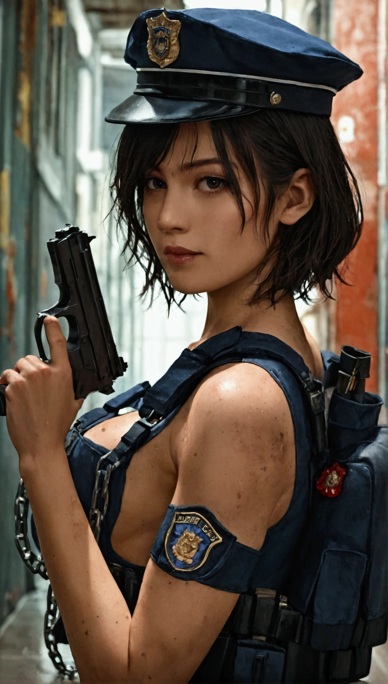 score_9,score_8_up,score_7_up,((tmasterpiece, best qualtiy)), illustratio, Highly detailed 8K, realistic focus, Complicated details, a big breast chinese girl, Policewoman, Resident Evil background, Resident Evil series, resident evil style, Dark, Low light, darkly, Robust body, Sexy and robust, Detailed abs, Detailed muscle lines, Detailed , dynamicposes, Dirty body, Greasy body, sweating body, Wet floors, There are stains on the body, Stained walls, hand gun,holding gun:2.0, Chains, rusted, t-back, wear police uniform and police cap, Highly detailed police equipment, Normal body proportions, Normal face, Normal hands, frontage, fully body photo, tall image, Look from the bottom up, look from down, looki at viewer