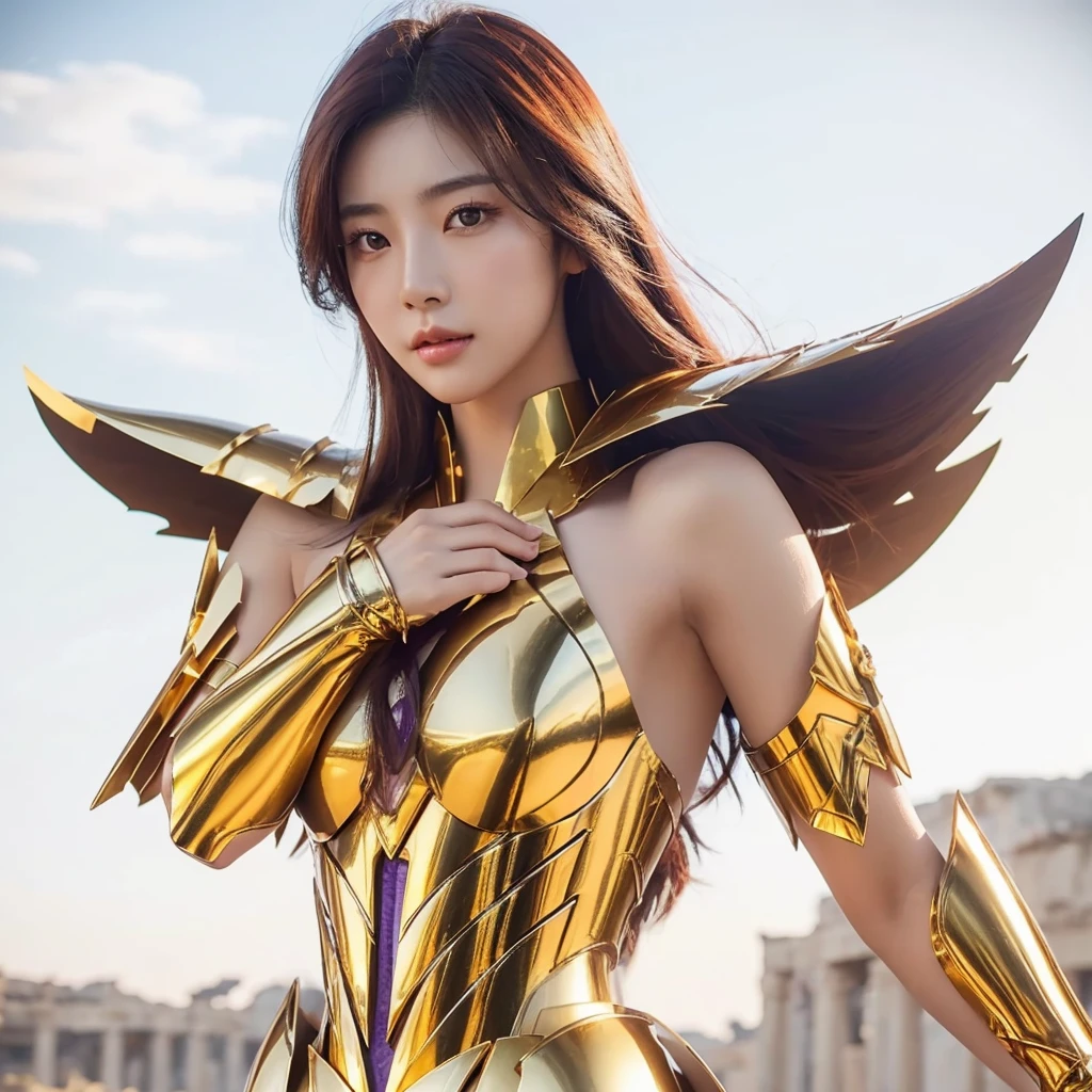 ((1woman))) Beautiful Korean girl, Ultra-realistic photoshoot with cutting-edge details by Camus, Greek ruins backdrop. Shiny golden metal armor, saint seiya armor, (((Cancer armor))), sexy armor, Long purple hair, Lively pose, Beautiful, symmetrical light brown eyes with details, Beautiful face with details, Cancel armor