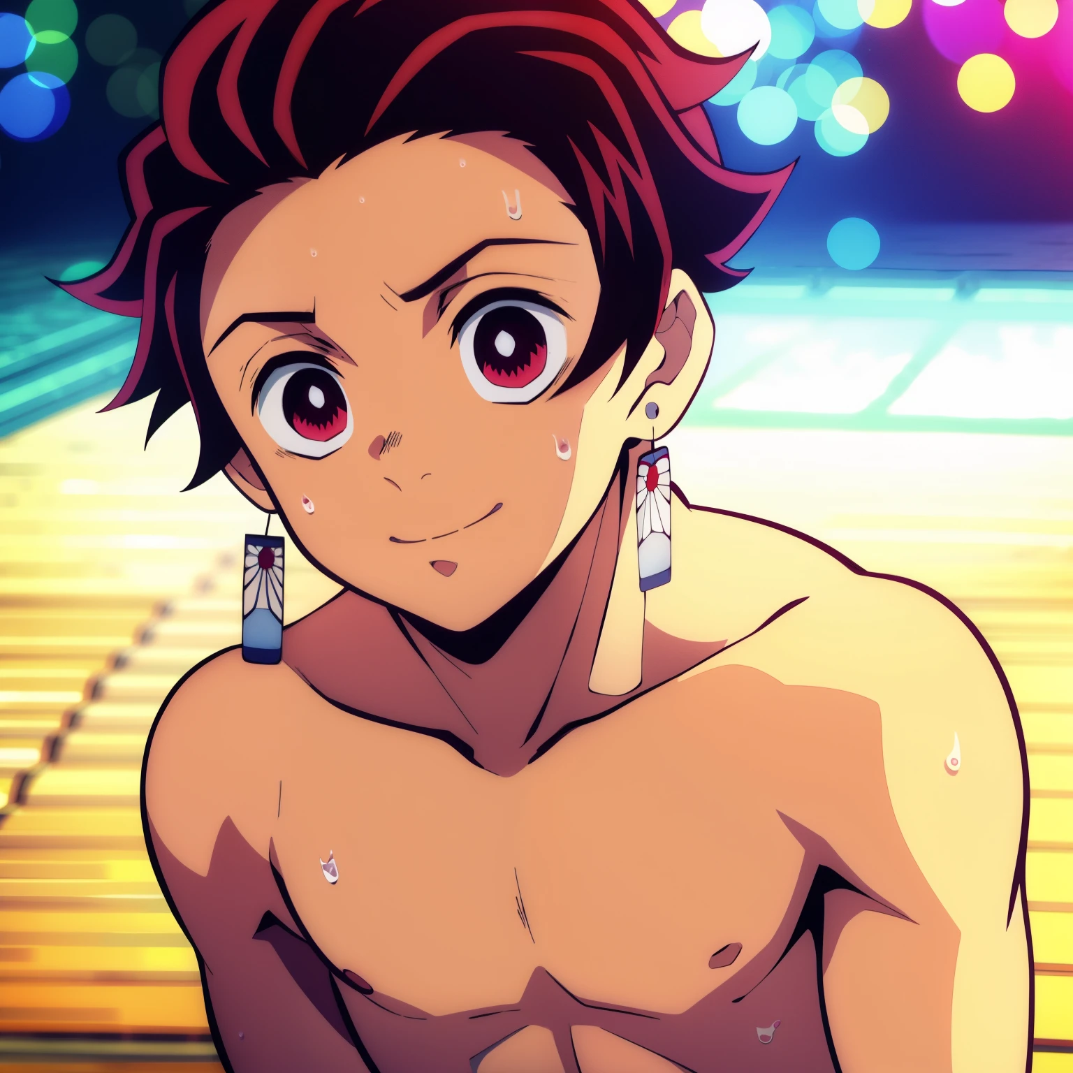 Highres, Masterpiece, Best quality at best,Best Quality,hight quality, hight detailed, Anime style, 1boy, Shota, young boy, Tanjiro, red hair, earring, Photo of the head, Shirtless, Bare chest, Bare shoulder, Upper body, look at viewer, from the front, (very young boy), (very small and short body), smile, Blurry beckground, cute boy, Uhd, bokeh, sweat