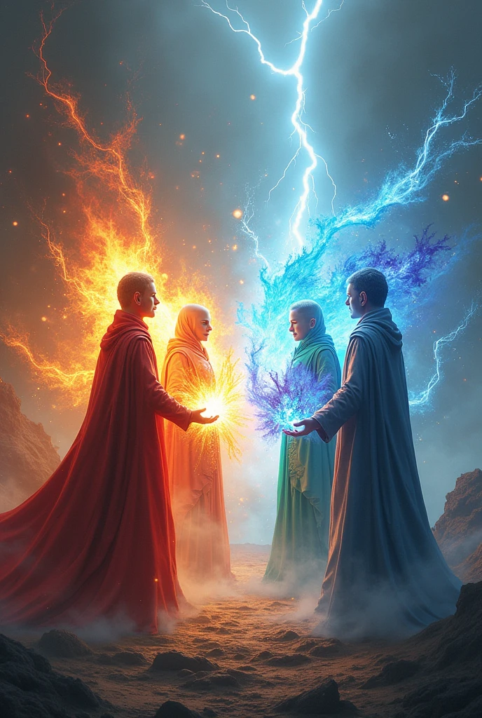 An elf releasing an air power and an elf with a sword releasing a water power and a warrior with a red sword releasing a fire power