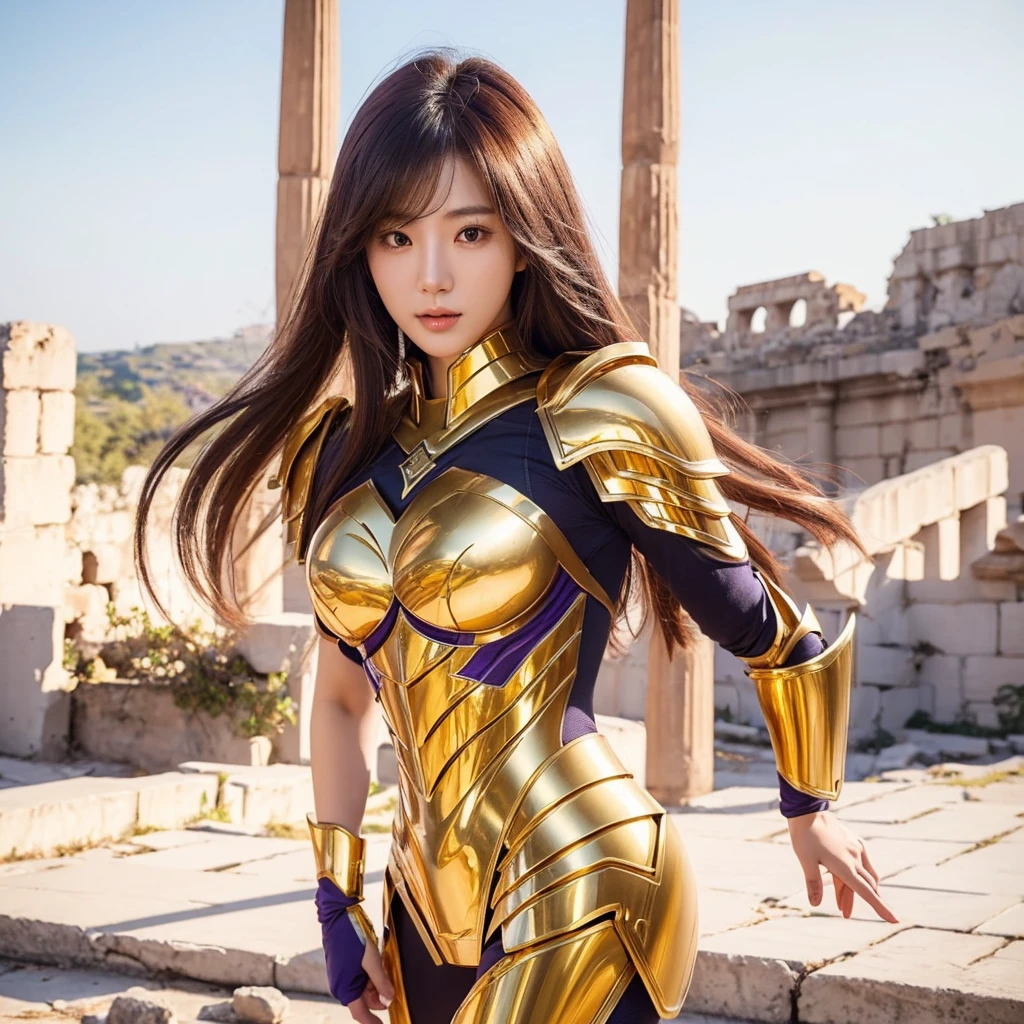 ((1woman))) Beautiful Korean girl, Ultra-realistic photoshoot with cutting-edge details by Camus, Greek ruins backdrop. Shiny golden metal armor, saint seiya armor, (((Cancer armor))), sexy armor, Long purple hair, Lively pose, Beautiful, symmetrical light brown eyes with details, Beautiful face with details, Cancel armor