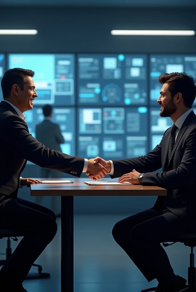 Two men shake hands at the table,There are laptops and documents on the table, amazingly composed image, author:Emma Andievska, thumbnail, business surrounding, absolutely outstanding image, business meeting, professional image, imagem de qualidade alta, stunning visuals, Realistic depiction, Without background, interesting background, Artistic interpretation, looking partly to the left, on a dark background, photorender, Beautiful image, image