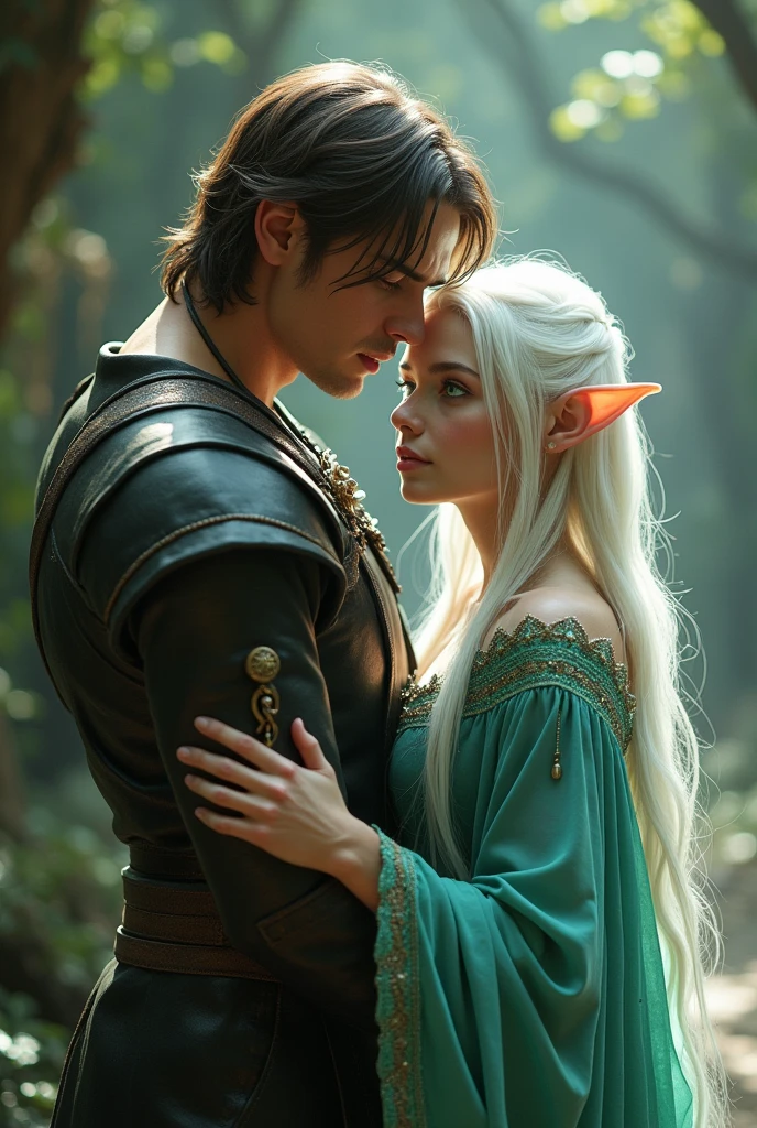 A female elf who has a long black hair tied in elven braids, wearing a silver circlet incrusted with green gems, hugging a male elf who has a long coppper-blond hair. Both have green eyes.