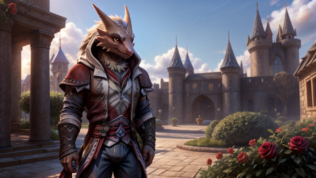 male ,Blaziken, background, (cinematic lighting:1.1), (perfect focus:1.1), 8k hd, (detailed eyes:1.2),depth of field, bokeh, subsurface scattering, perfect breasts, wide ,((Assassin's Creed Altair clothing and pants. )),bright colors, (furry detail:1.3),detailed background, realistic, photorealistic, ultra realistic,in a castle garden courtyard , natural landscape, trees, Roses , sky, clouds,realistic, photorealistic ,glad ,(fluffy:1.3), furry, buff, (realistic fur:1.1), (extreme fur detail:1.2),((light orange fur)),(Black pupil, brown eyes,pixar style eyes),Blaziken tail,3d pixar legs, with pectorals, Bloom.