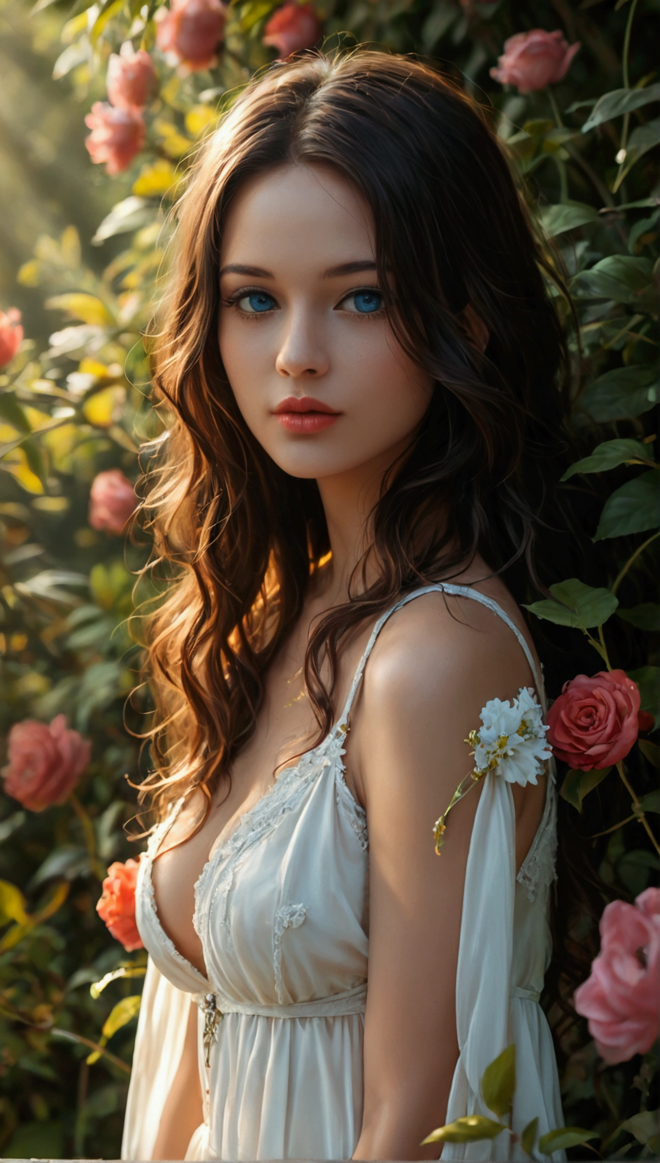 score_9,score_8_up,score_7_up, a beautiful woman with long dark hair, pale skin, detailed face, piercing blue eyes, full lips, high cheekbones, elegant expression, delicate and graceful, wearing a flowing white sundress, standing in a lush garden with blooming flowers, sunlight streaming through the leaves, radiant and serene, (best quality,8k,highres,masterpiece:1.2),ultra-detailed,realistic,photo-realistic:1.37,intricate details,cinematic lighting,vivid colors,award winning photography