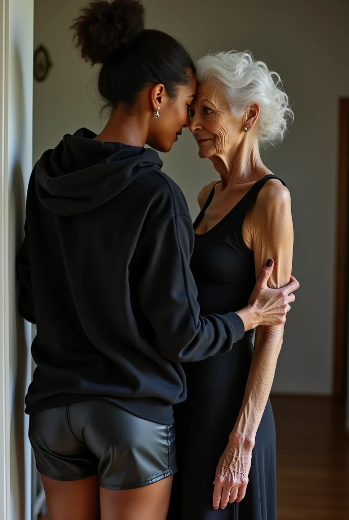 Create a photo of a 30 year old young woman, with a slender and beautiful body, completely naked, with white and clear skin, with long light brown hair and has her back to the camera as she is lifted high by the waist by an obese black 90 year old lady, dark black skinned, who has short hair, who wears glasses and a blue dress