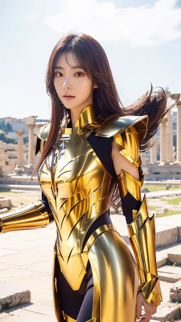 ((1woman))) Beautiful Korean girl, Ultra-realistic photoshoot with cutting-edge details by Camus, Greek ruins backdrop. Shiny golden metal armor, saint seiya armor, (((Cancer armor))), sexy armor, Long purple hair, Lively pose, Beautiful, symmetrical light brown eyes with details, Beautiful face with details, Cancel armor