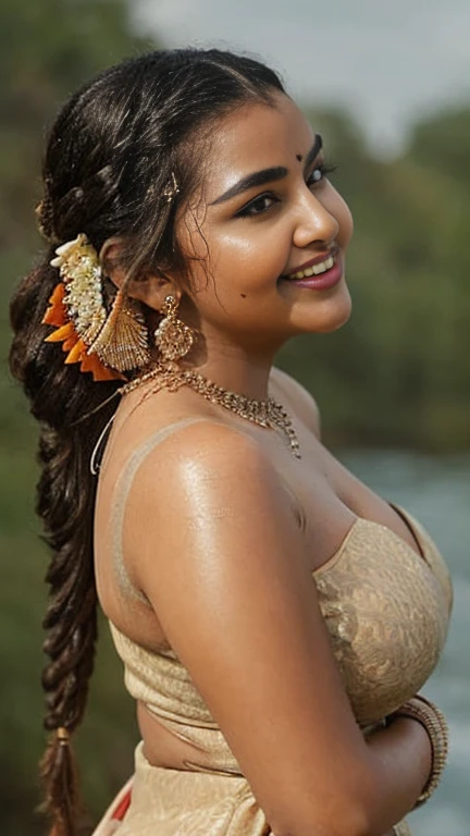 Close up photo of sexy indian, front view, curvy, swooping nude big breasts, deep cleavage, wet black transperent lace strapless dress, floating on river, waterfalls, birds, animals, elephant, French braid hair, necklace, subtle smile, seductive eyes, Bollywood item dancer, dance scene, sexy ass naked