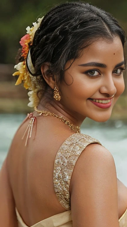 Close up photo of sexy indian, front view, curvy, swooping nude big breasts, deep cleavage, wet black transperent lace strapless dress, floating on river, waterfalls, birds, animals, elephant, French braid hair, necklace, subtle smile, seductive eyes, Bollywood item dancer, dance scene, sexy ass naked