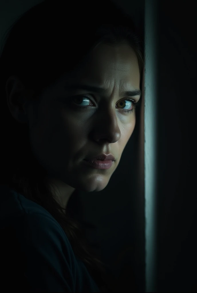 A woman with a troubled and distraught expression, car accident, damaged car, bloody wound, dark and gloomy atmosphere, chiaroscuro lighting, realisitic, cinematographic, Dramatic, high qualiy, 8k, hyper