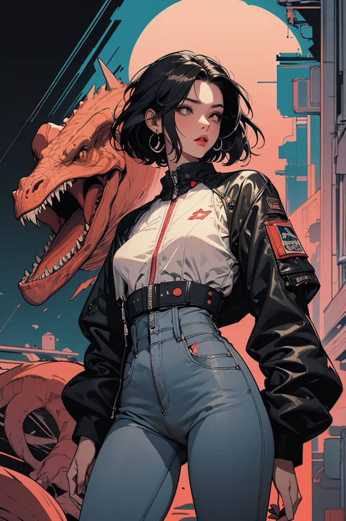 Masterpiece, best quality, high-res, extremely detailed, 1 girl 18 years old lookig very arrogant, in shape, fitness, (she is the villain, she is the final boss), female focus, woman, tomboy, marimacho, image comics, comic book cover