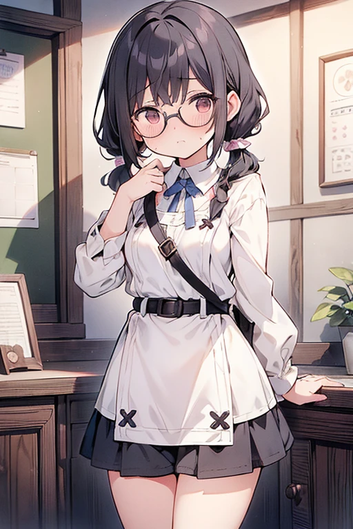 1 Cute naughty peasant girl, Pastel colors hair, medium breasts, Thighs, black hair, short hair, (low twintails), glasses, standard height, (anxious face:1,2、blush:1.2, quiet personality:1.2, shy), (naked), at the adventurer's guild, A bulletin board with posted paper