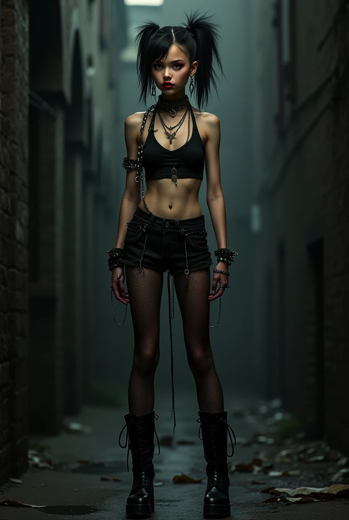 realistic, highly detailed, one ultra hot gorgeous European punk girl. Age 23. with baseball bat, standing in a dark alley, grungy urban environment, moody lighting, dramatic shadows, intense expression, ripped clothing, combat boots, graffiti-covered walls, cinematic composition, photorealistic, 8K, masterpiece
