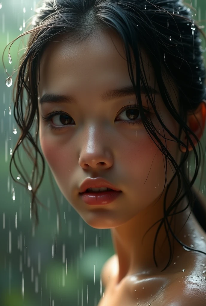 Typhoon, photorealistic full body portrait. Stunningly beautiful white woman in her 20s looking up at the sky and crying against a fantastic jungle and muddy ground background, clear white skin, wet and muddy, scratches all over, long brown hair stained face, bare feet without underwear, white tank top, torn skirt, white skin, breasts, thighs, smooth skin, frightened Desperate, Desperate expression, Isometric projection detail, Stunningly realistic photo, 8K high quality medium dark lighting, High detail, Detail eyes, Detail face --auto --s2