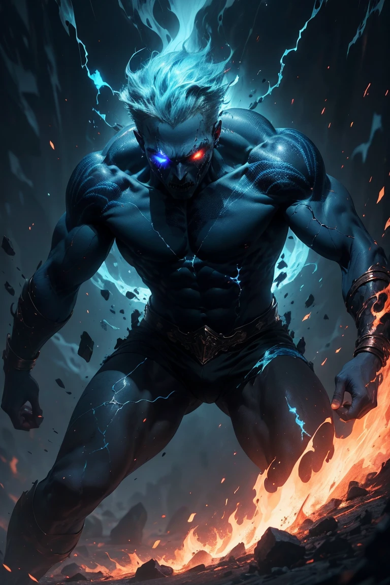 (masterpiece, realistic, best quality, beautiful and aesthetic, extremely detailed), (dark fantasy:1.4) (rough 30 years old male dark mage, short blond hair, blue eyes), (body covered in runic tattoo, (glowing cracks, cracked skin, shattered skin, fractured skin, broken skin)), sleeveless, ((detailed glowing eyes, dynamic action pose, casting spell)), (in underworld, hell, dark scene), (dark blue theme:1.3), (blue energy magic swirling around:1.3), cinematic lighting, r1ge, blue glow, cracks, runes, detailed face, (detailed weathered skin), (solo:1.3), (1male:1.4), (elegant, intricate, digital photography, high quality, CG, 4k, extremely detailed, sharp, HDR),