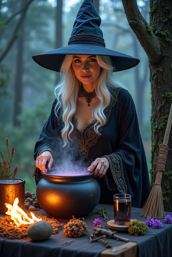 beautiful evil slavic muscular woman, pale skin, long hair, futuristic design, minimal details, photoreal, 200mm, hd, f/ 2.0, highly detailed, surreal, sitting, light smile, masterpiece,(Best Quality,4K,8K,hight resolution,masutepiece:1.2) ,Passion for rituals, ((Film grain, Bokeh, light Particle ,Dust, Extreme camera angles)),(Highly detailed 8K wallpapers), Full-length painting, Forest glades, A beautiful witch brews a potion in a cauldron on the fire, Focus your gaze on a beautiful face, Stir the kvass, Flames give glare to the body and face, witch's hat, Green eyes,varied actions, cinematic, professional, 4k, (((dynamic model pose))), sitting, full body, mesmerizing, dynamic, dramatic, sensual, dynamic pose, highly detailed skin with hair, subcutaneous veins, light and shadow play, highly detailed,24mm photograph, film, bokeh, professional, 4k,