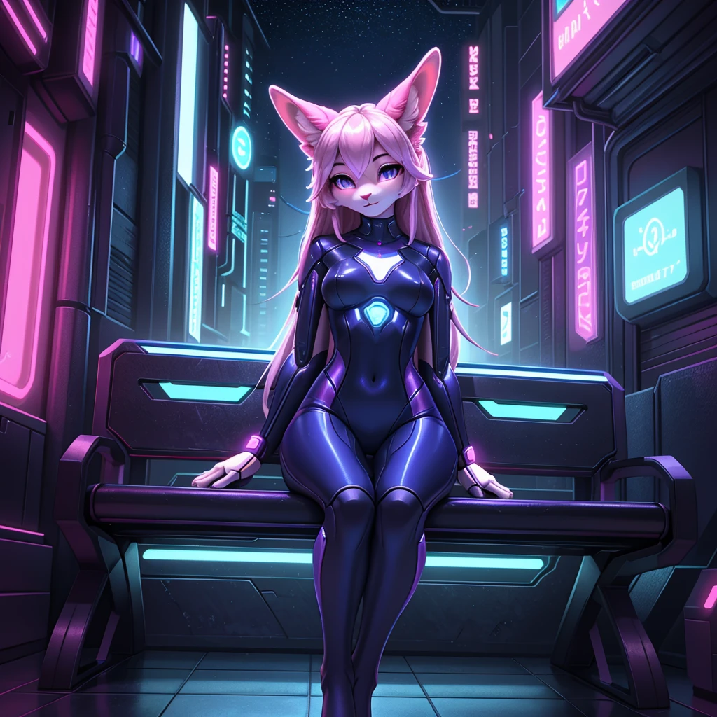 ((((by strype)))), Anthro, ((black cat with neon purple accents)), ((female)), (((robot))), (((mechanical joints:0.9))), (((seam lines))), (((glossy rubber skin))), feminine, short purple hair, Solo, Full Body, sci-fi clinic background, cinematic lighting, ((fluffy tail)), naked, (((null genitals)))