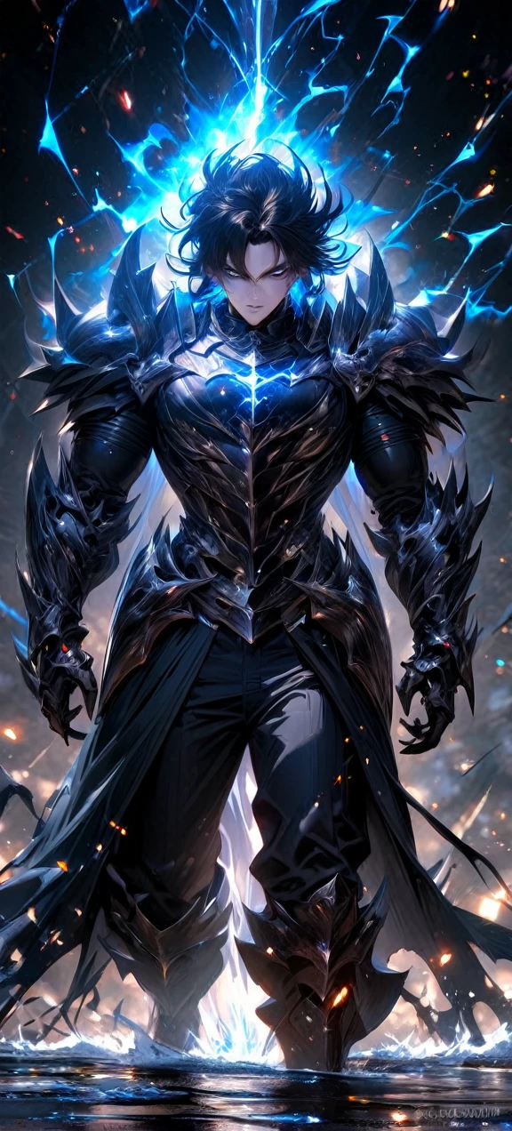  High quality, ultra realistic,absurdres, highres, ultra detailed, HDR, masterpiece, extremely detailed face and eyes,  Sagitarius Seiya, Saint Saiya , Dark Armor, solo, ,man, handsome, ,white eyeleshes, black eyes , villain expresion, black splashing effect, dark black lightning  effect,glowing glitters , symetrical , black aura