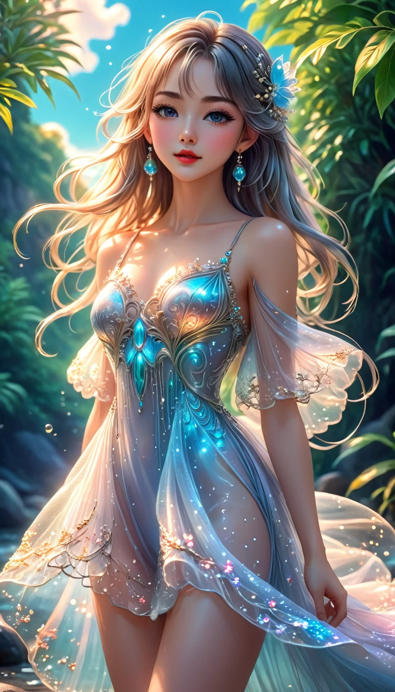 Anime Girl Beauty, ideal anatomy, Bright, sexy,  She is wearing a flowing, transparent gown that looks like it's made of delicate glass or crystal, adorned with intricate floral patterns and luminous beads that catch the light, sits on the beach in the hands of a magazine, There is a straw handbag nearby,  Viral anime nature wallpaper in 4K quality, in the style of digital illustration inspired by Naoko Takeuchi, in the middle of the countryside, with no cities nearby, a beautiful cabin, small river running along the side rich in details, a beautiful scene, lots of vegetation around, the sky a soft gradient of LIGHT SILVER, warm and nostalgic color temperature, many details, too many details, the atmosphere is magical and joyous, best quality, perfect anatomy, very aesthetic, official art, 8k, Shine, shimmer light of the Sun, Soft clouds,