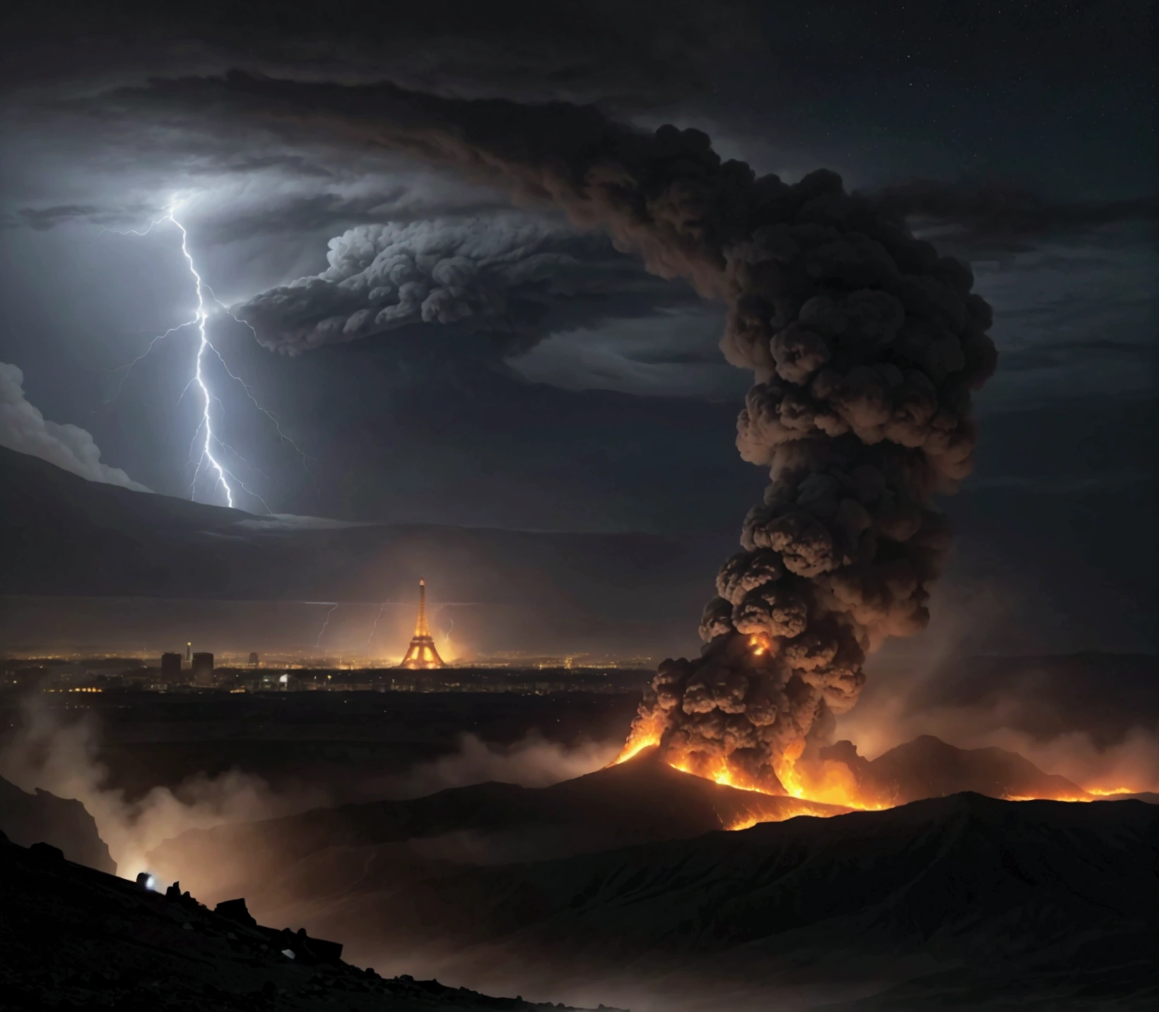 Burning plain, catching fire, rubble, scene of destruction, Dusk, Upper-Atmospheric Lightning,