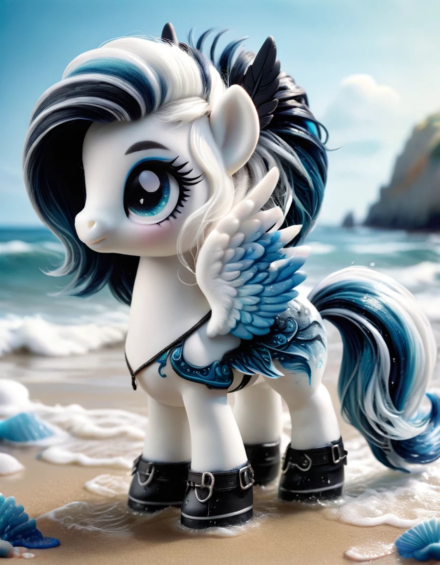  photorealistic pony photo, (realistic:1.2) ,A cute pony, featuring black wings, black legs, white body, white head, white face, black ears. , blue/white seawater waves under its horse hooves