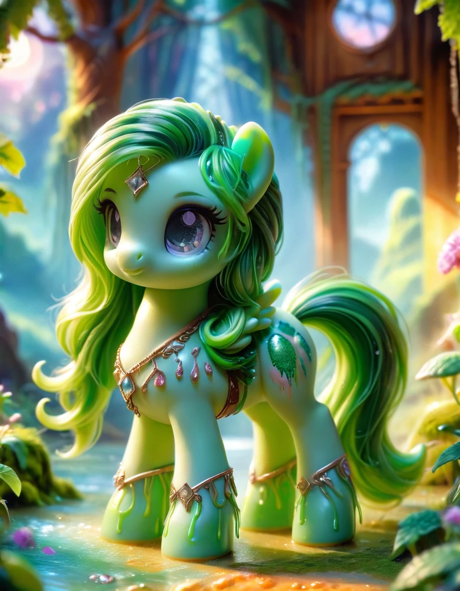 bright daytime, photorealistic pony photo, (realistic:1.2) of a slime, 1girl, fantasy slime background, (long hair:1.1), straight hair, (detailed eyes) wide hips, (no_nipples:1.2), (no_pussy:1.2), closed mouth, small eyes, highres, highest quality, cinematic light, ultra detailed, best quality, hyper detailed, masterpiece, cute, (slime girl:1.3), petite woman, (nude:1.3), blurred background painting, woman, (bright sunny day:1.0), sun beam, ((masterpiece)) made out of ral-bling 