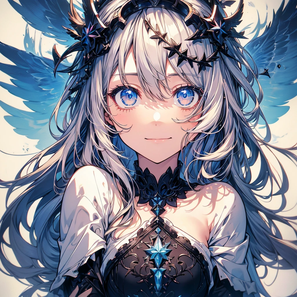 (absurdres:1.5), (highres), (best quality:1.1), (ultra-detailed:1.1), (an extremely delicate and beautiful), 1 girl, beautiful face, (detailed face), best quality, portfolio, angel、Crystal clear white hair、Longhaire、flat breast、White Gothic dress、Wings of an angel on the back、White sky、high picture quality、glitter、(Zentangle:1.5), (kaleidoscope:1.2)