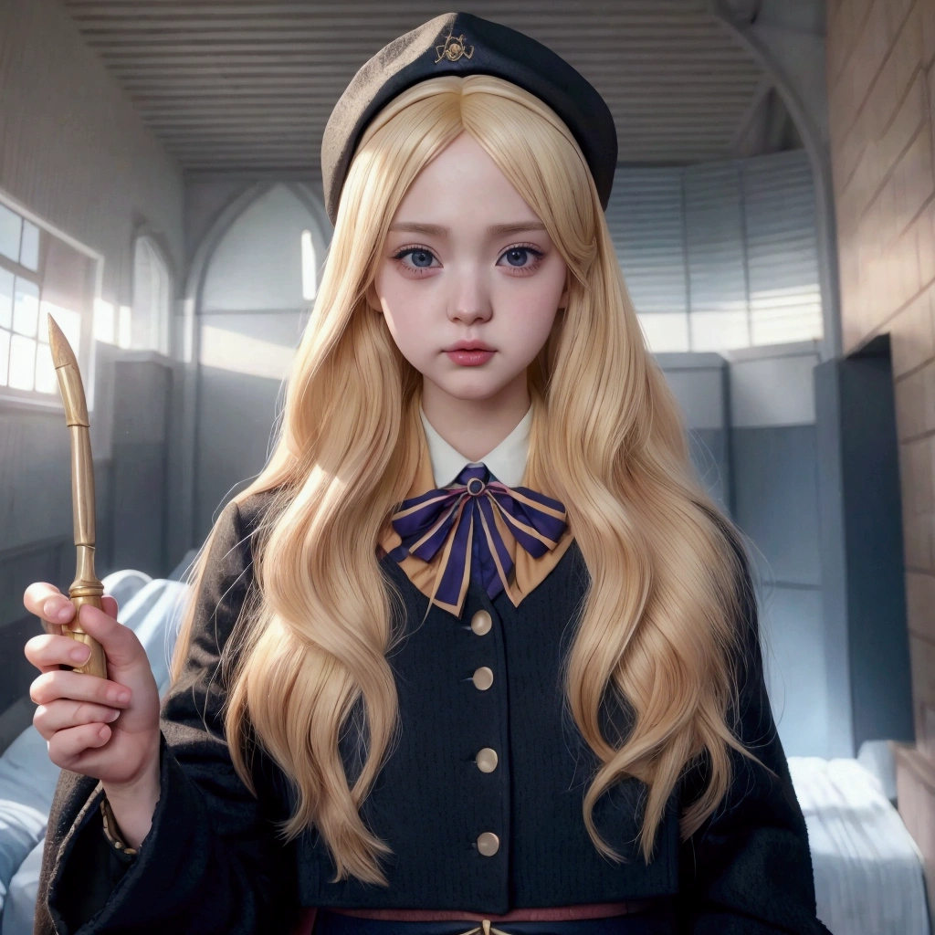 blonde girl dressed as harry potter holding a wand, Magic school student uniform, magic school uniform, cosplay realista, realistic anime 3D style, hyperrealistic schoolboy, anime girl in real life, cosplay de garota de anime, 3d realistic anime, photorealistic anime, guweiz, hogwarts style, hyper realistic anime, blonde anime girl with long hair